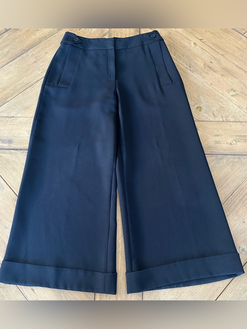 Karen Millen High Rise Wide Leg Cropped Cuffed Pants Black 6 Classic Designer